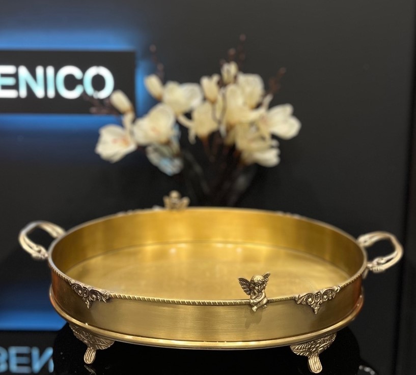 سینی بیضی برنج لبه دار بزرگ طرح فرشته